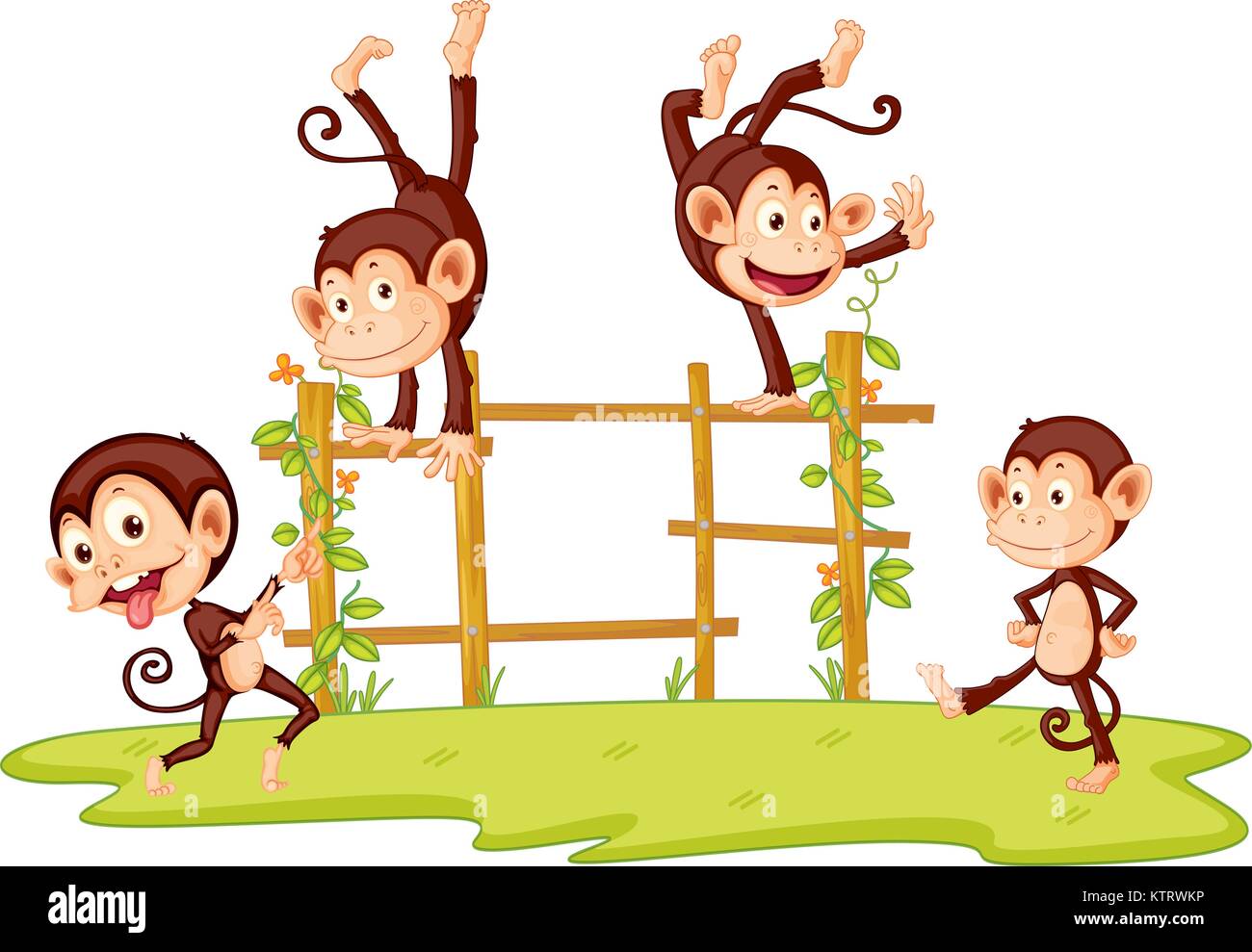 Illustration of monkeys playing on fence Stock Vector