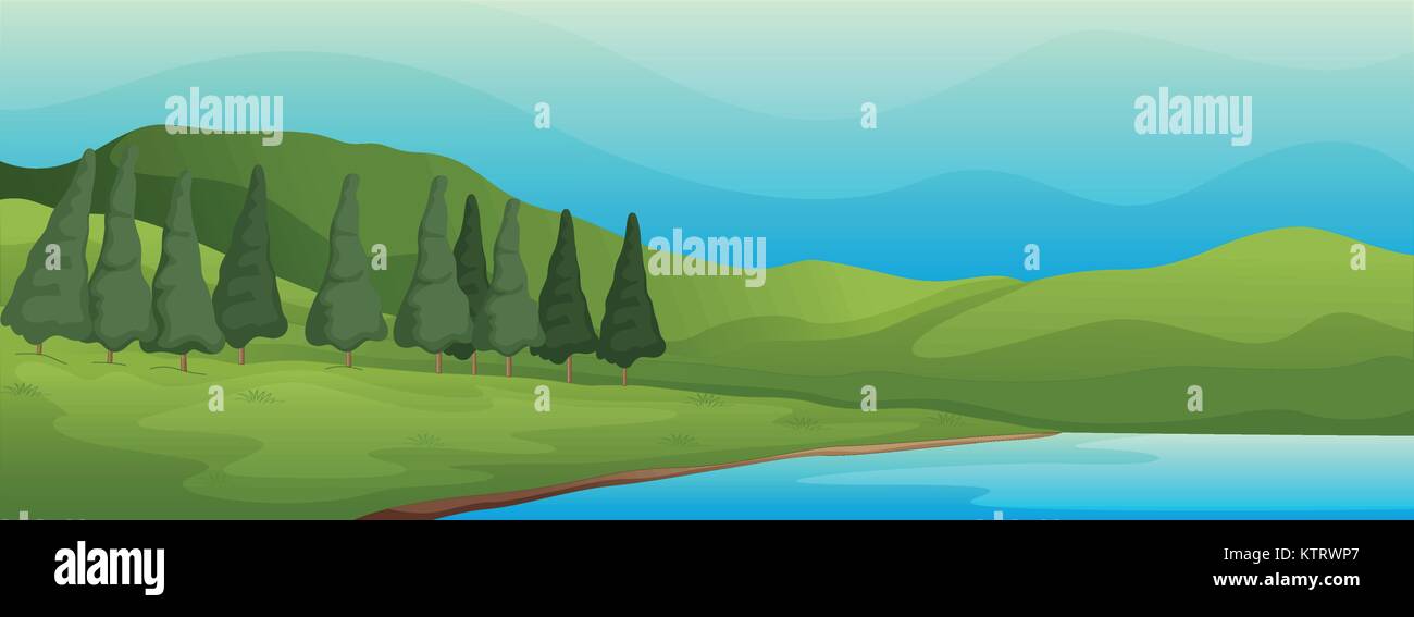 illustration of a green landscape and lake Stock Vector Image & Art - Alamy