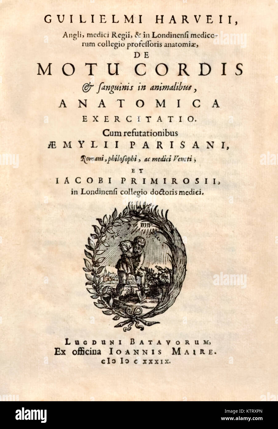 Title page from ‘De Motu Cordis set Sanguinis in Animalibus’ (The Motion of the Heart and Blood in Living Beings) by William Harvey (1578-1657). See more information below. Stock Photo