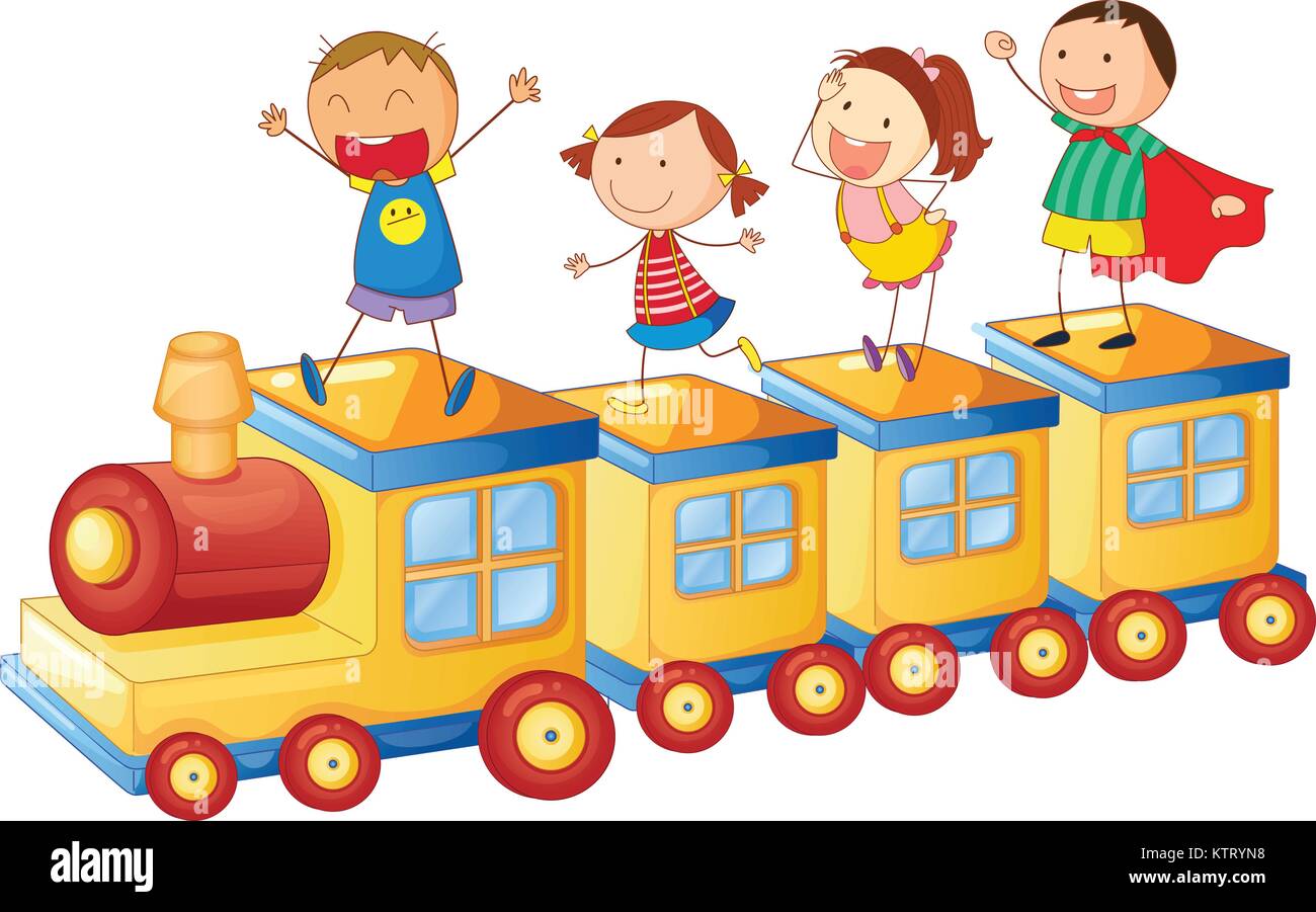 illustration of a kids on a train on white background Stock Vector