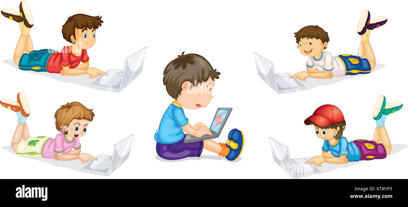 illustration of kids and laptops on a white background Stock Vector