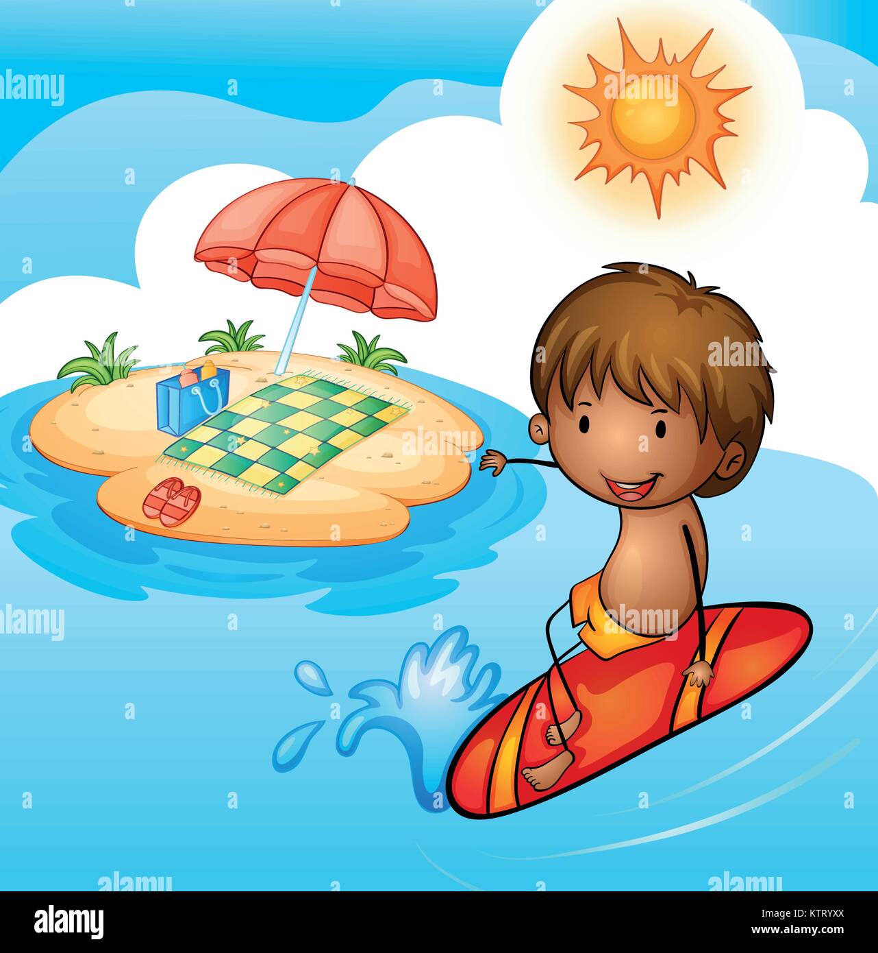 detailed illustration of a surfing boy in a beautiful nature Stock ...
