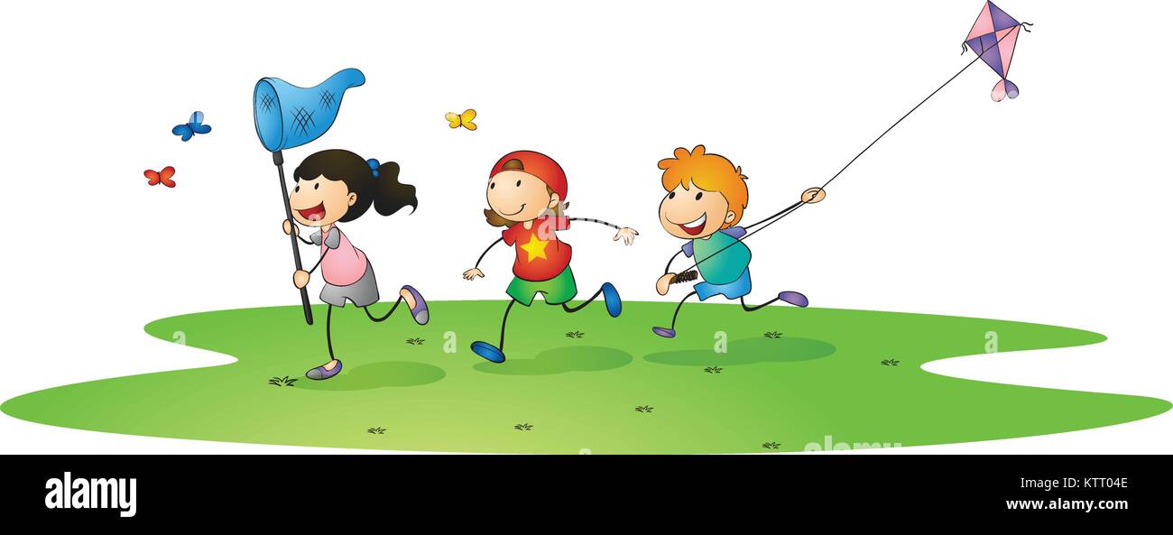 illustration of a kids playing with kites and butterflies Stock Vector