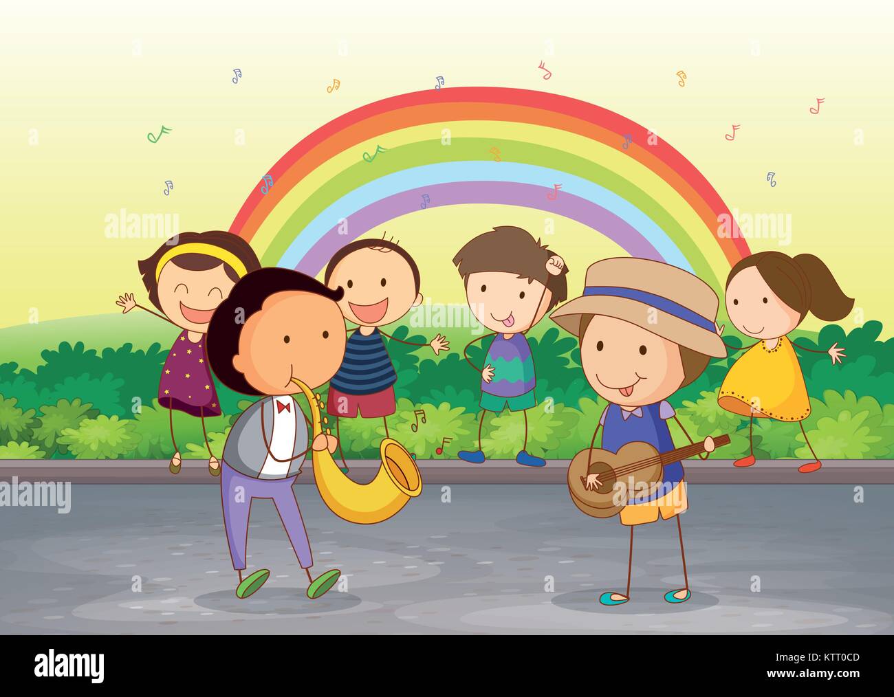 illustrion of kids playing music in beautiful nature Stock Vector Image