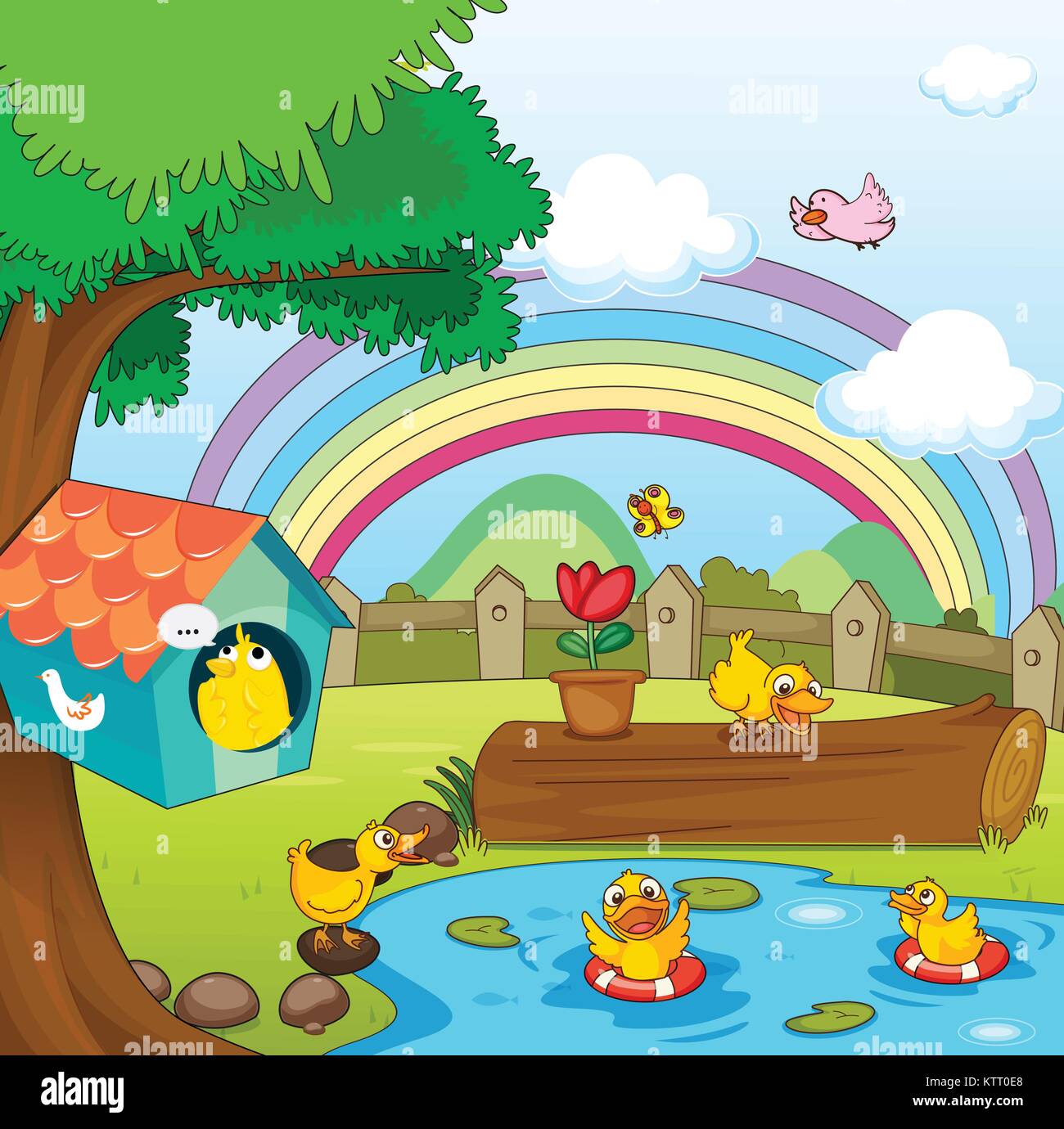 illustration of birds in beautiful garden and rainbow Stock Vector