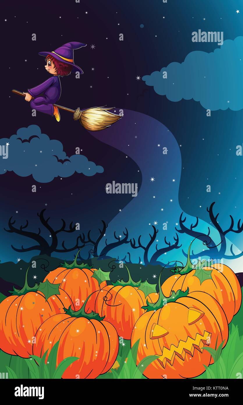 illustration of a witch flying in the night Stock Vector