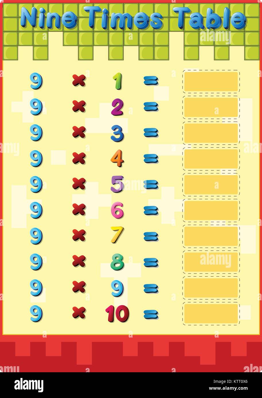 Worksheet of the 9 times tables Stock Vector