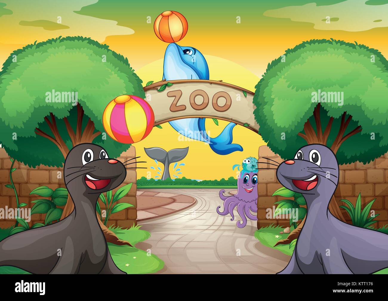 illustration of sea animals in zoo in a beautiful nature Stock Vector