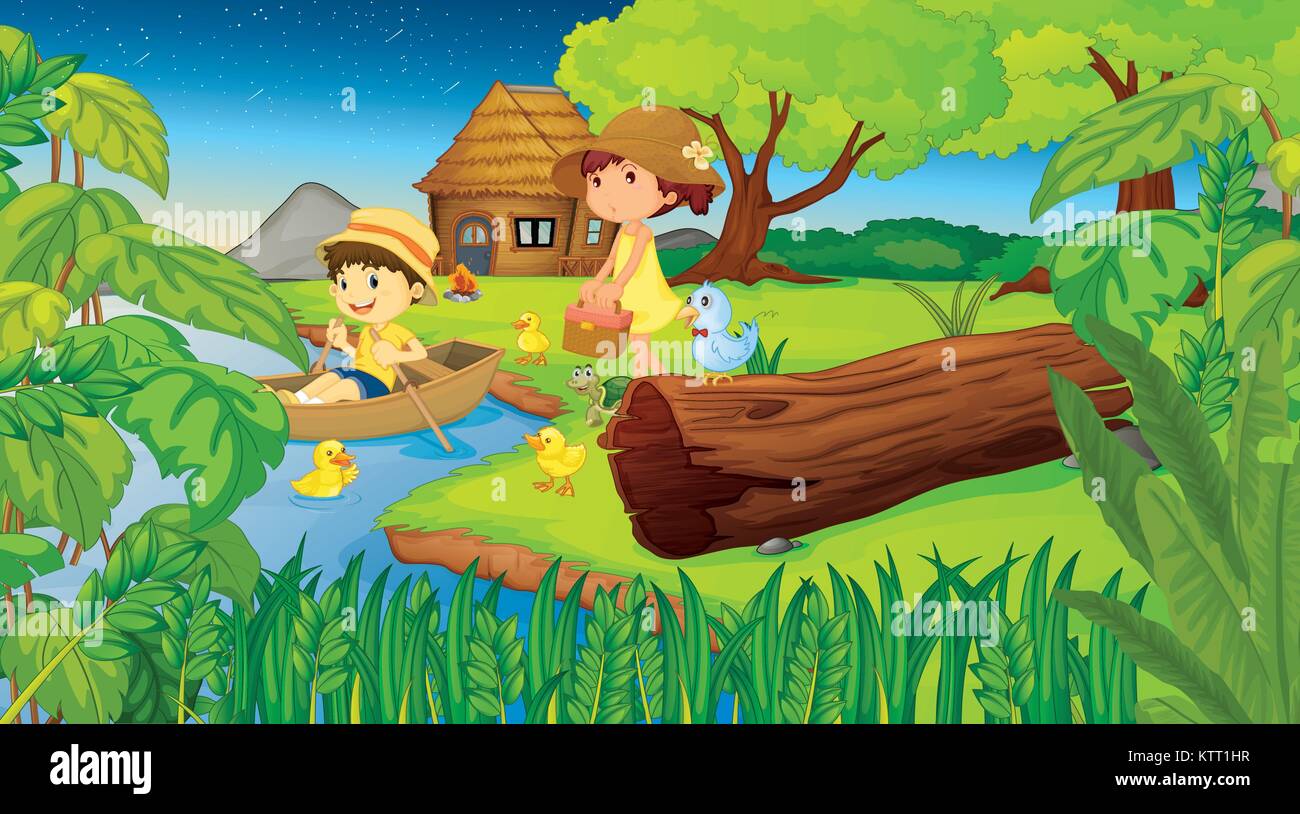 Illustration of 2 children camping in the woods Stock Vector Image ...