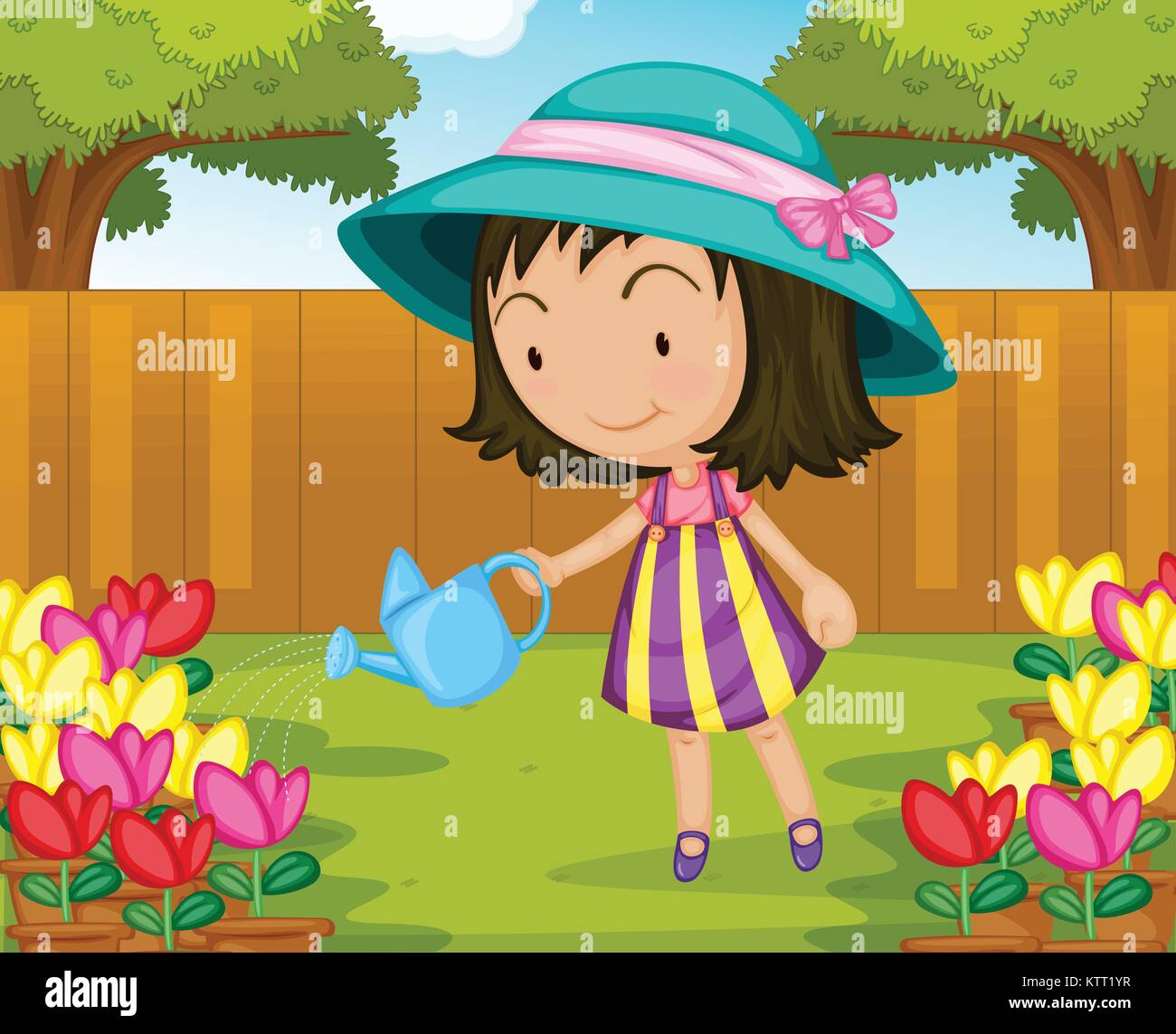 Illustration of girl watering plants Stock Vector Image & Art - Alamy