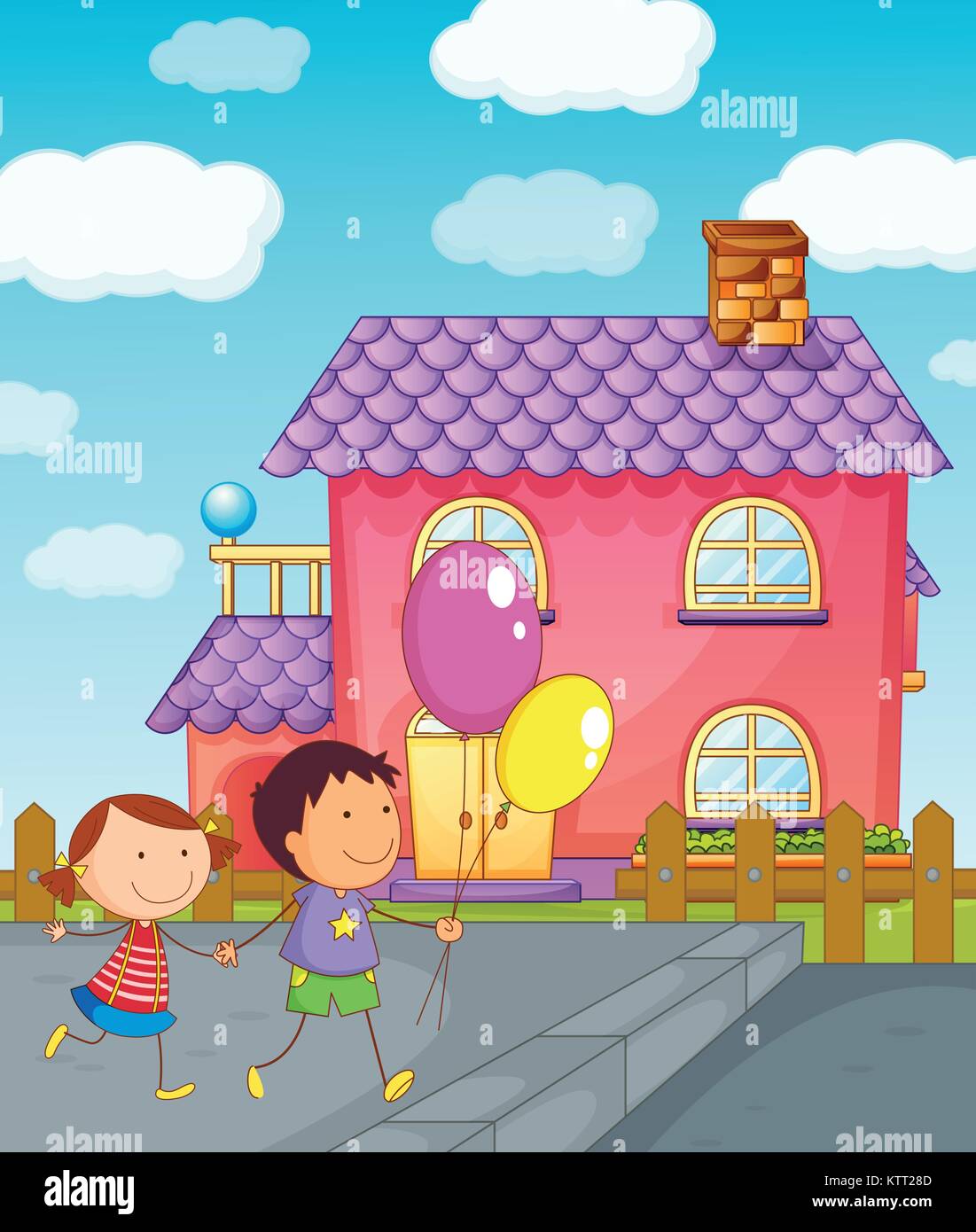 illustration of kids and a house in a beautiful nature Stock Vector ...