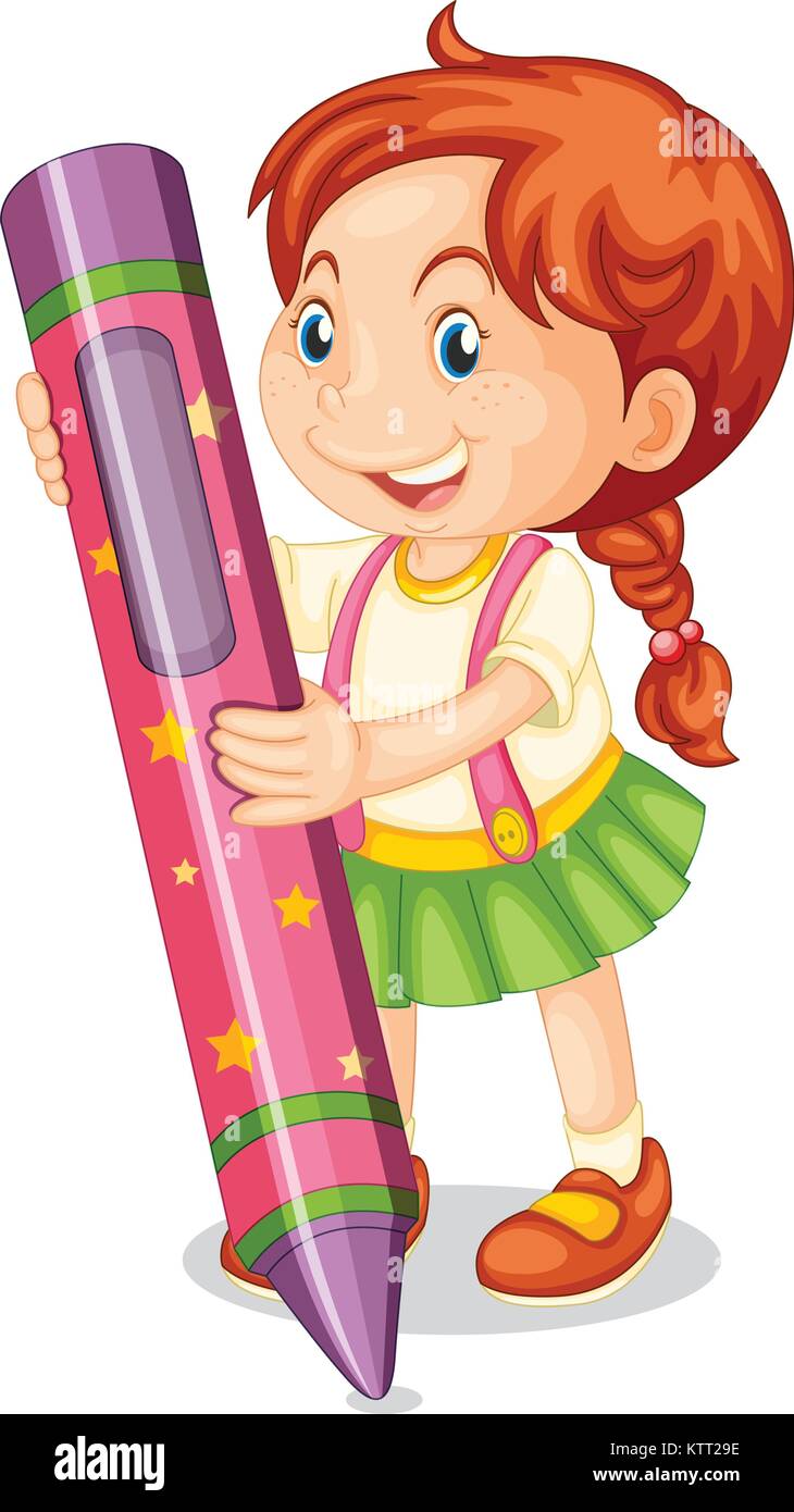 illustration of a girl with pencil on a white background Stock Vector ...