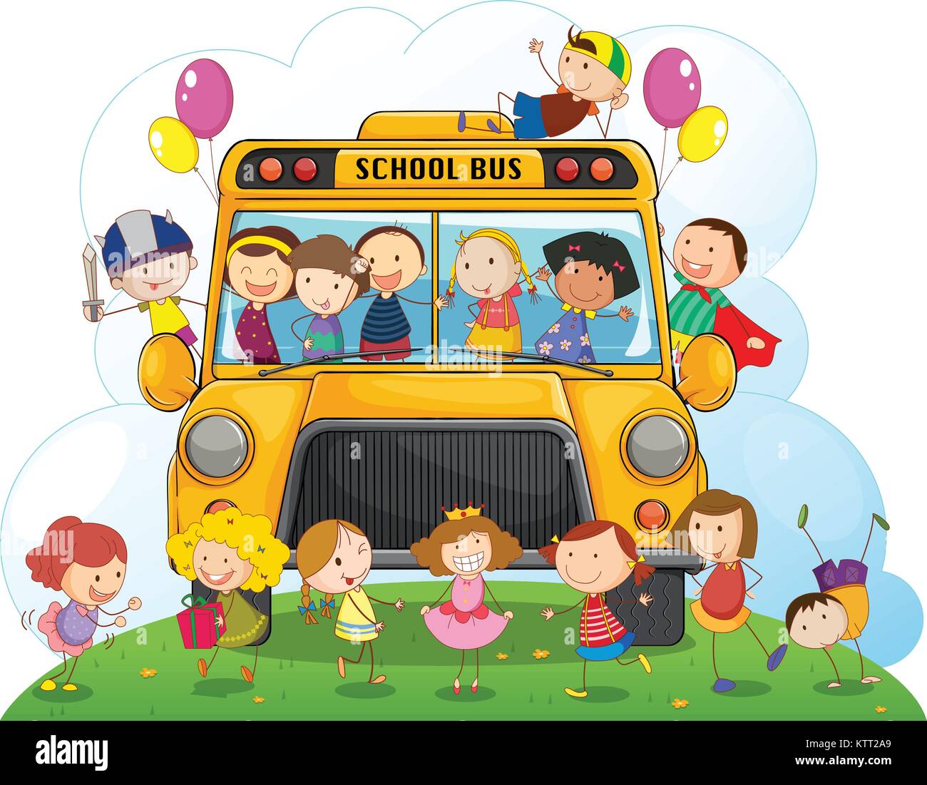 illustration of kids with school bus on a white background Stock Vector ...
