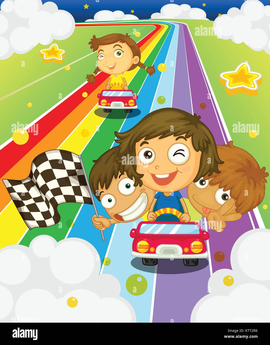 Illustration of kids racing on a rainbow Stock Vector