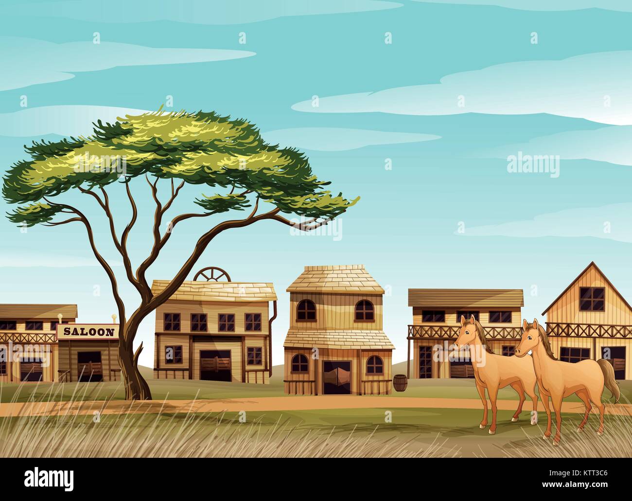 illustration of horses and a house in a beautiful nature Stock Vector