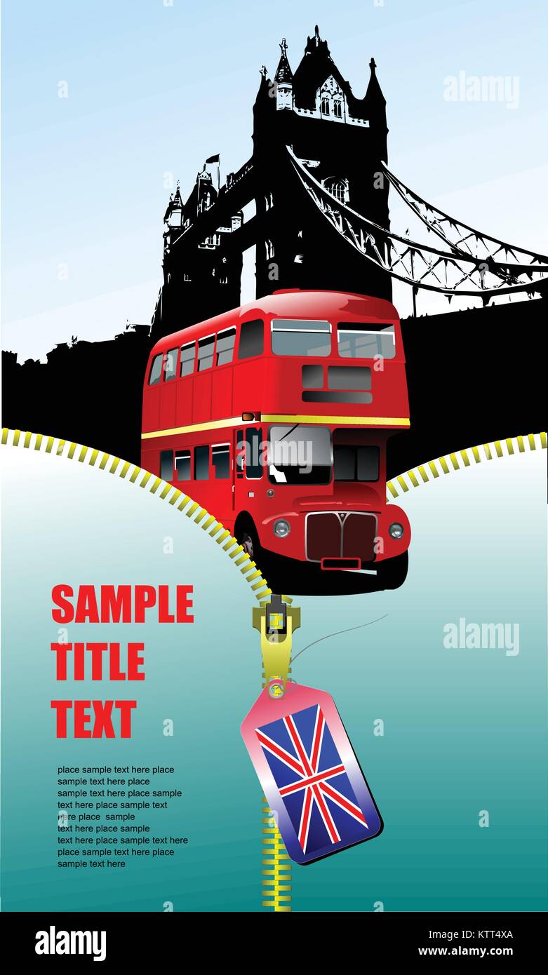 London images with open zipper and double Decker bus.  Vector illustration Stock Vector