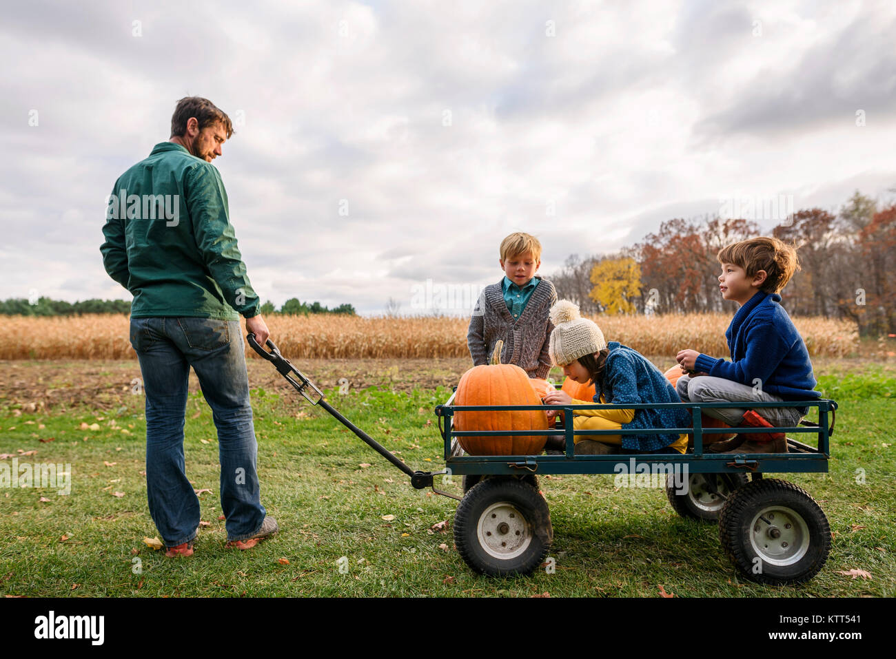 Father with three children riding on a wagon with pumpkins Stock Photo