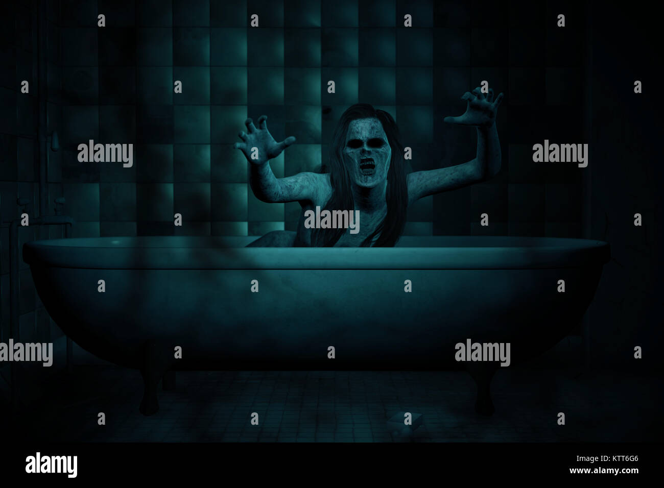 3d illustration of scary ghost woman in bathtub,Horror background Stock