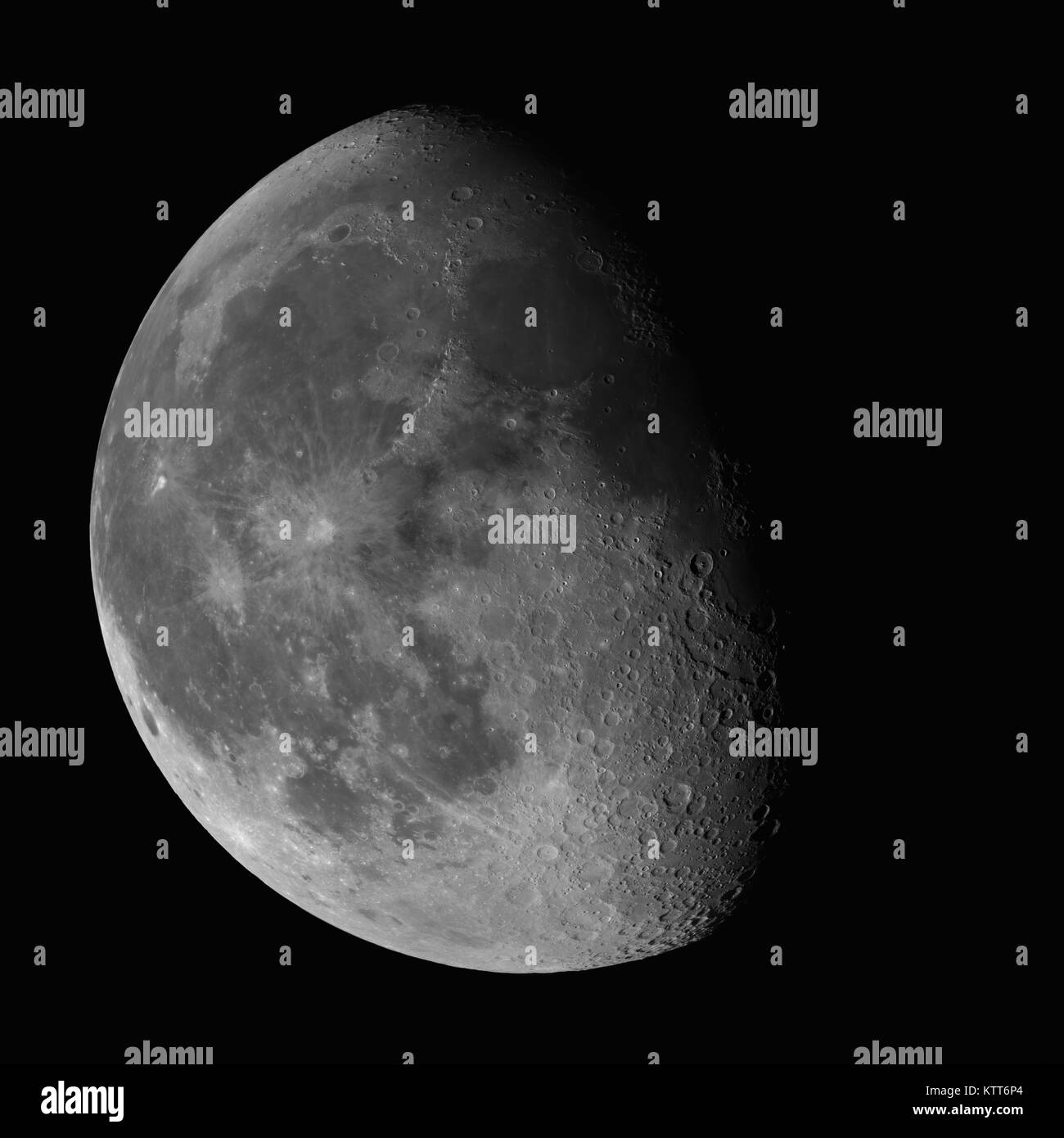 Waning Gibbous Moon isolated on black background, 74% of surface visible, high resolution image Stock Photo
