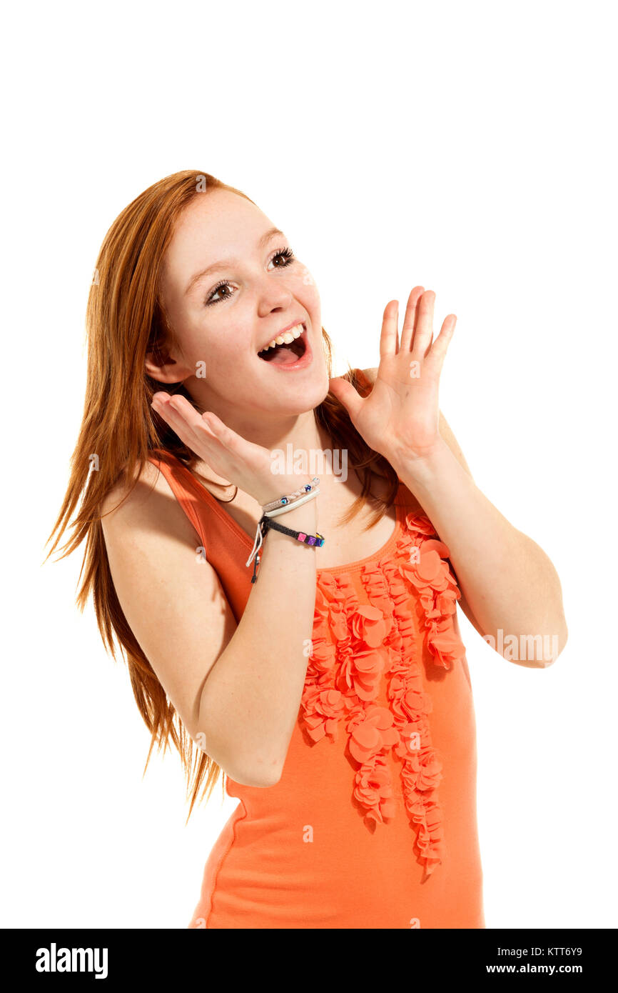 Portrait of young surprised girl, isolated on white background Stock ...