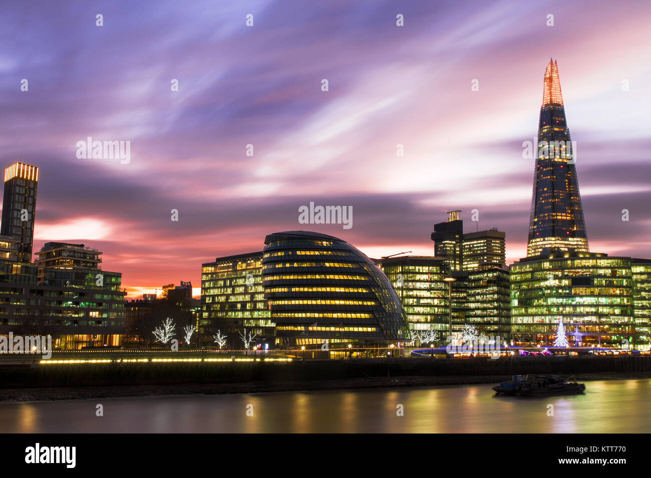 View from Tower Bridge on London Cityscape panorama at sunset over the River Thames with The Shard, London, England, United Kingdom, Europe C Stock Photo