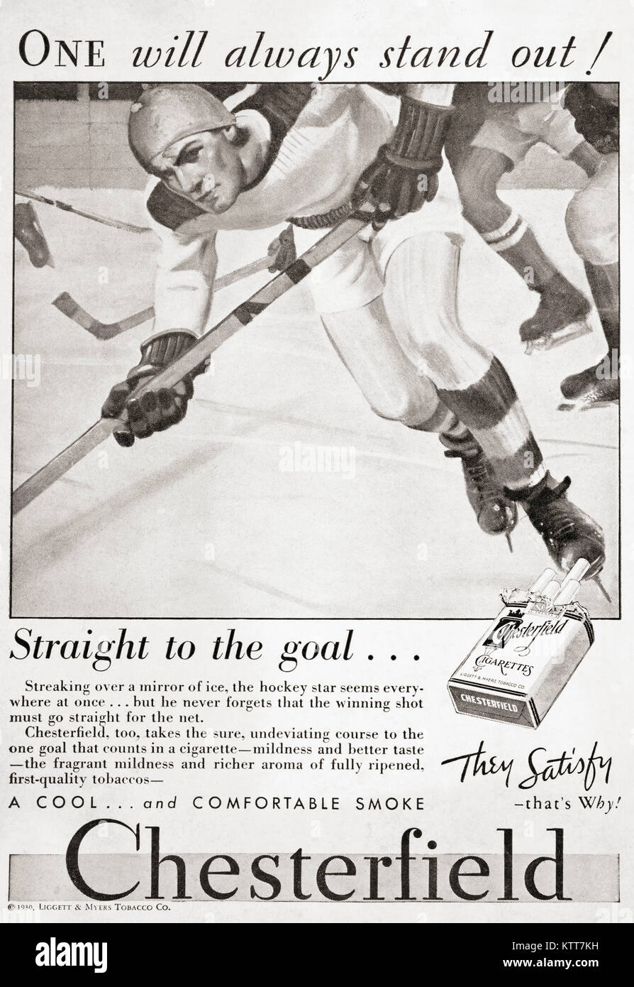 Advertisement for Chesterfield cigarettes using sport as a hook. From a 1930’s American magazine. Stock Photo