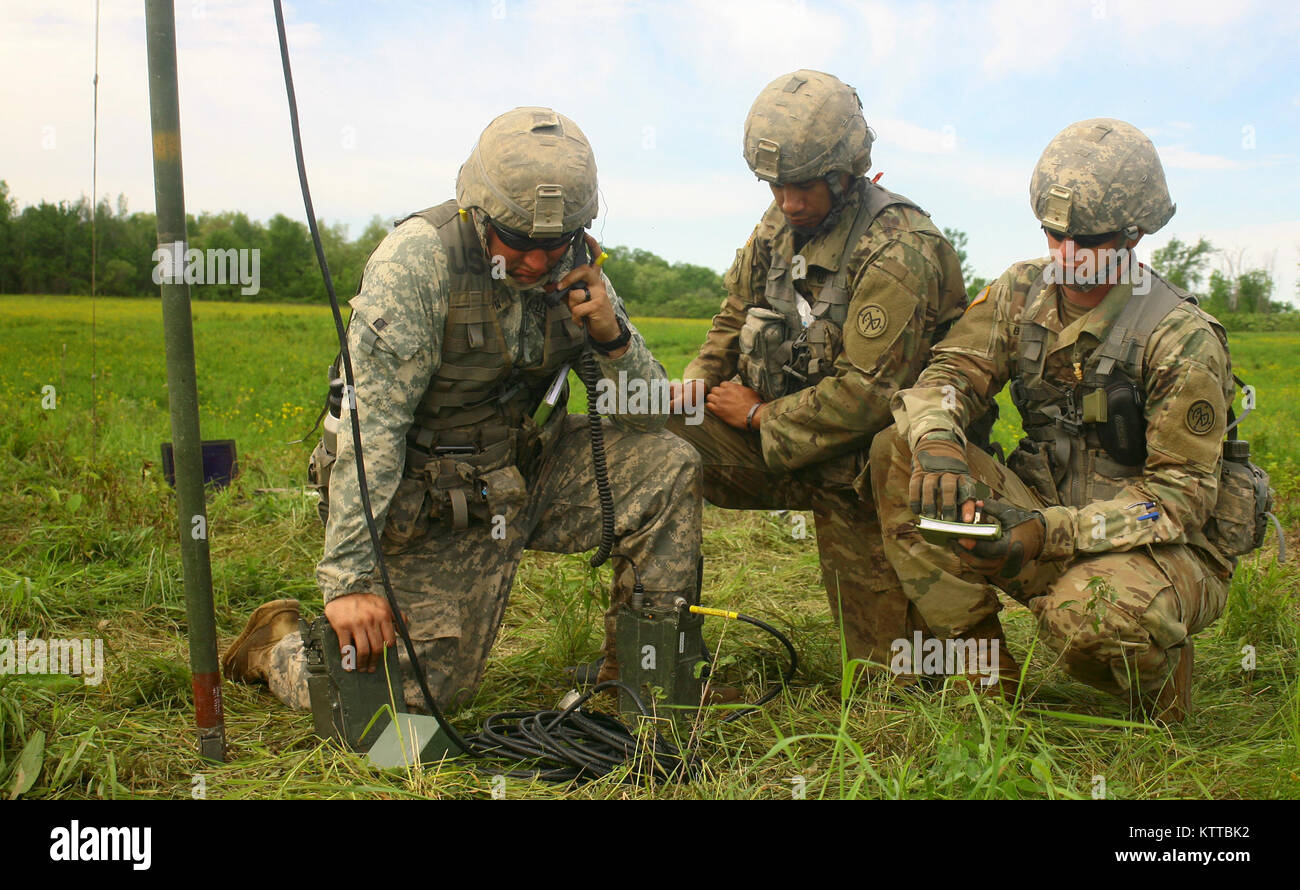 FORT DRUM, N.Y. – Soldiers assigned to Alpha Battery, 1st Battalion, 258th Artillery Regiment, 27th Infantry Brigade Combat Team, coordinate the transport of 4 howitzers during an air assault artillery raid here June 9. During the raid soldiers in the advance party arrived first and established a fire direction center while simultaneously marking out locations for the placement of the guns. (U.S. Army National Guard photo by Sgt. Alexander Rector) Stock Photo