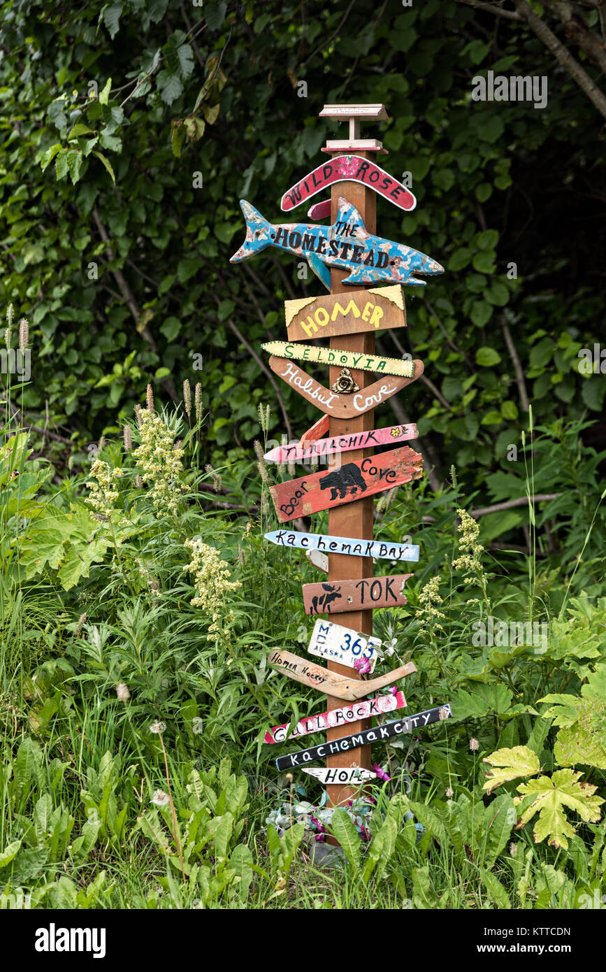 Signs for the Kilcher Homestead in remote Fritz Creek, Alaska. The Kilchers are original homesteaders and starts of the reality television show Alaska the Last Frontier show. Stock Photo