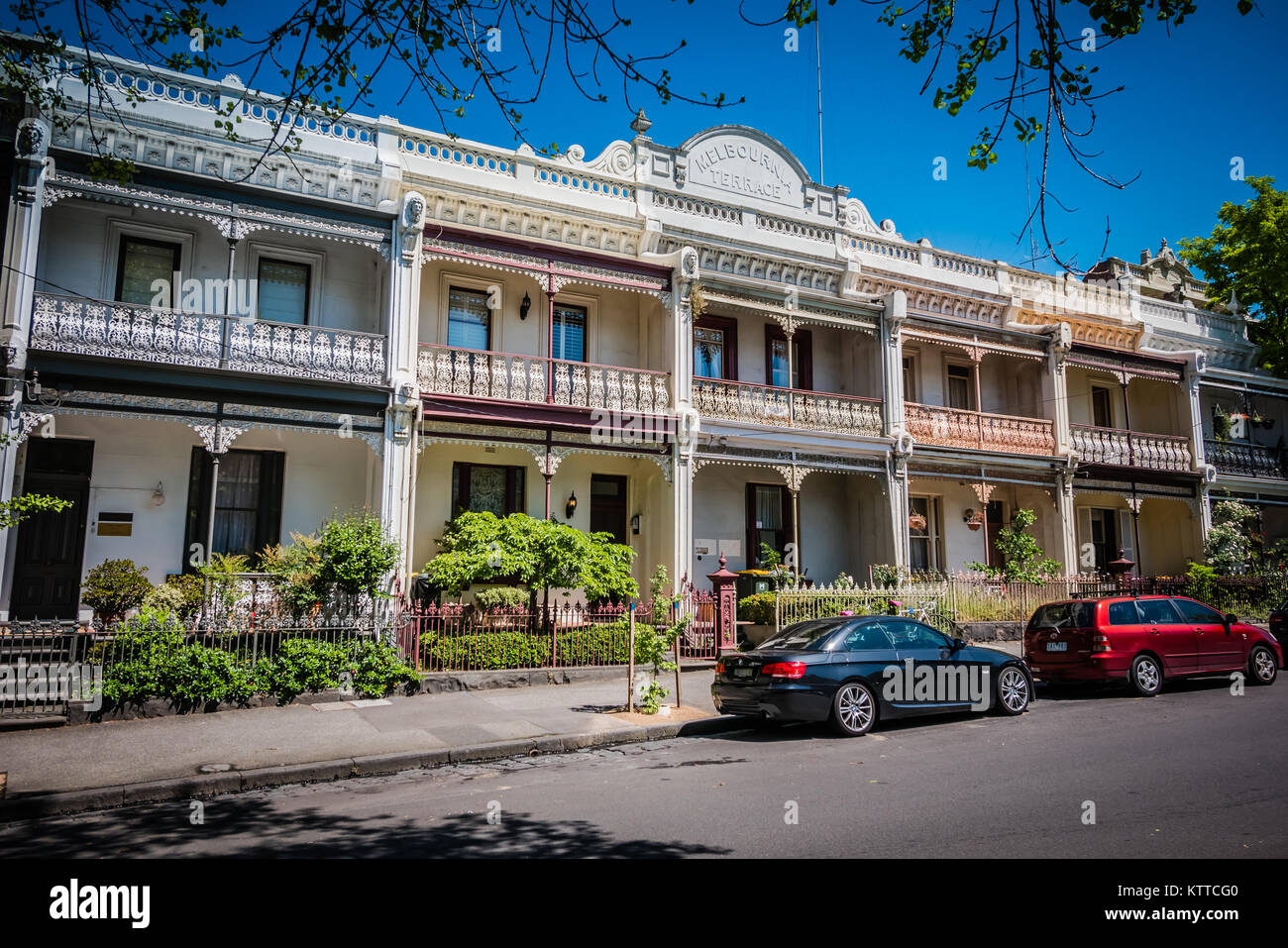 victorian style town houses on the street of melbourne Stock Photo