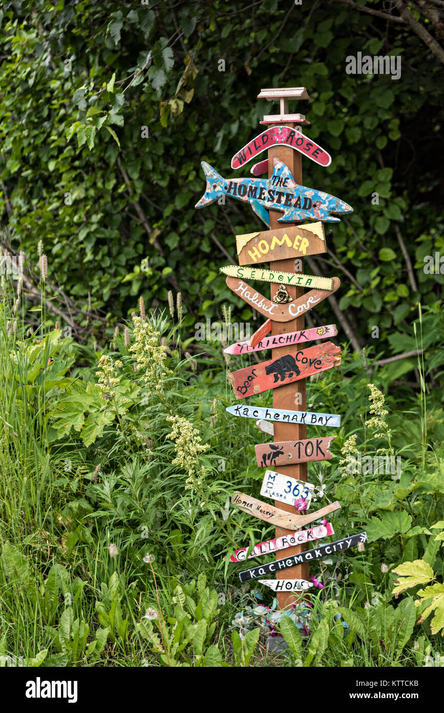 Signs for the Kilcher Homestead in remote Fritz Creek, Alaska. The Kilchers are original homesteaders and starts of the reality television show Alaska the Last Frontier show. Stock Photo