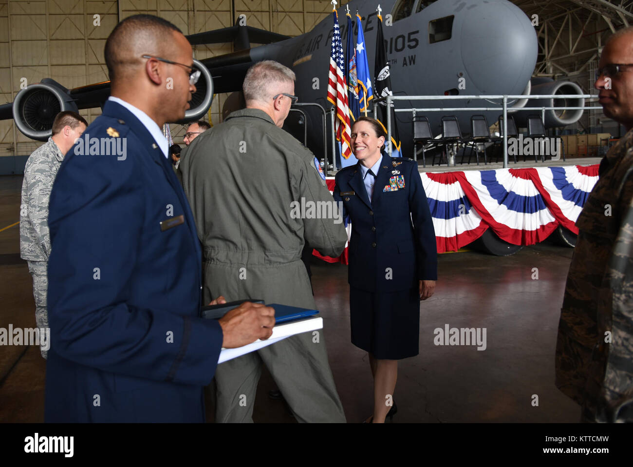 Col. Denise Donnell assumed command of the 105th Airlift Wing during a change of command ceremony at Stewart Air National Guard Base, Newburgh, New York Aug. 6, 2017. Donnell, a C-17 Globemaster III pilot, was formerly the vice commander of the Wing and a naval aviator. (U.S. Air Force photo by Senior Airman Terrence Clyburn) Stock Photo