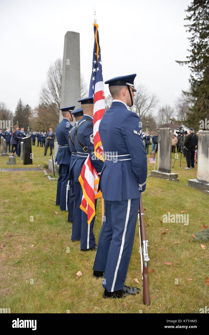 The New York Air National Guard Color Guard marks the 235th birthday of President Martin Van Buren during a wreath laying ceremony at Van Buren's grave site in Kinderhook, New York on Tuesday, December 5th. The annual event recognizes the former President Martin Van Buren, a Columbia County native who died on July 24, 1862 in Kinderhook, N.Y. He was born on December 5, 1782. The United States Military honors former presidents by laying wreaths presented by the current president at their gravesites on the anniversary of their birth. (New York Army National Guard photo by Capt. Jean Marie Kratz Stock Photo