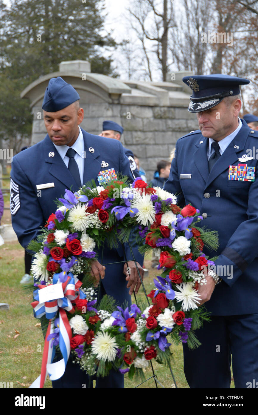 Brig. Gen. Timothy LaBarge, the Chief of Staff for the New York Air National Guard and Command Chief Master Sgt. Denny Richardson of the 109th Airlift Wing, marked the 235th birthday of President Martin Van Buren by laying a wreath at Van Buren's grave site in Kinderhook, New York on Tuesday, December 5th. The annual event recognizes the former President Martin Van Buren, a Columbia County native who died on July 24, 1862 in Kinderhook, N.Y. He was born on Dec. 5, 1782. The United States Military honors former presidents by laying wreaths presented by the current president at their gravesites Stock Photo