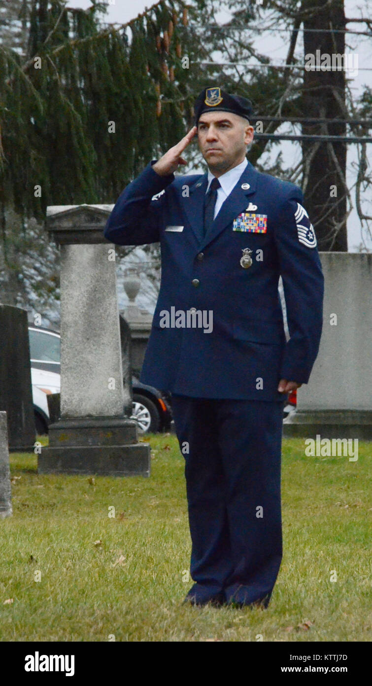 New York Air National Guard Color Guard, Chief Master Sgt. Josh Cawfee, marks the 235th birthday of President Martin Van Buren during a wreath laying ceremony at Van Buren's grave site in Kinderhook, New York on Tuesday, December 5th. The annual event recognizes the former President Martin Van Buren, a Columbia County native who died on July 24, 1862 in Kinderhook, N.Y. He was born on December 5, 1782. The United States Military honors former presidents by laying wreaths presented by the current president at their gravesites on the anniversary of their birth. ( New York Air Guard photo by TSgt Stock Photo