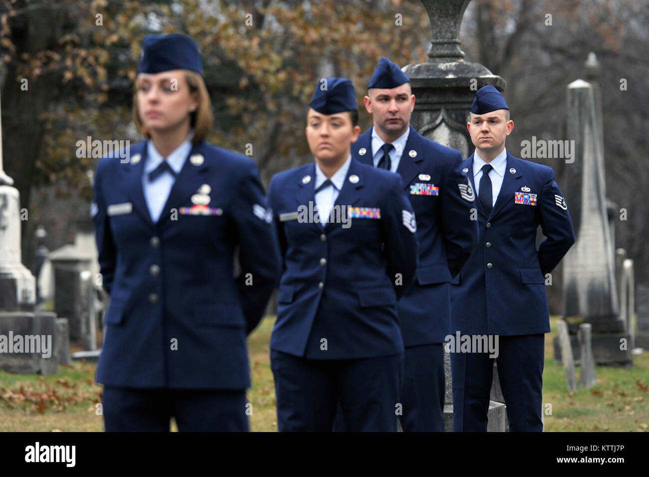 The New York Air National Guard Color Guard marks the 235th birthday of President Martin Van Buren during a wreath laying ceremony at Van Buren's grave site in Kinderhook, New York on Tuesday, December 5th. The annual event recognizes the former President Martin Van Buren, a Columbia County native who died on July 24, 1862 in Kinderhook, N.Y. He was born on December 5, 1782. The United States Military honors former presidents by laying wreaths presented by the current president at their gravesites on the anniversary of their birth. ( New York Air Guard photo by TSgt Stephen Girolami) Stock Photo