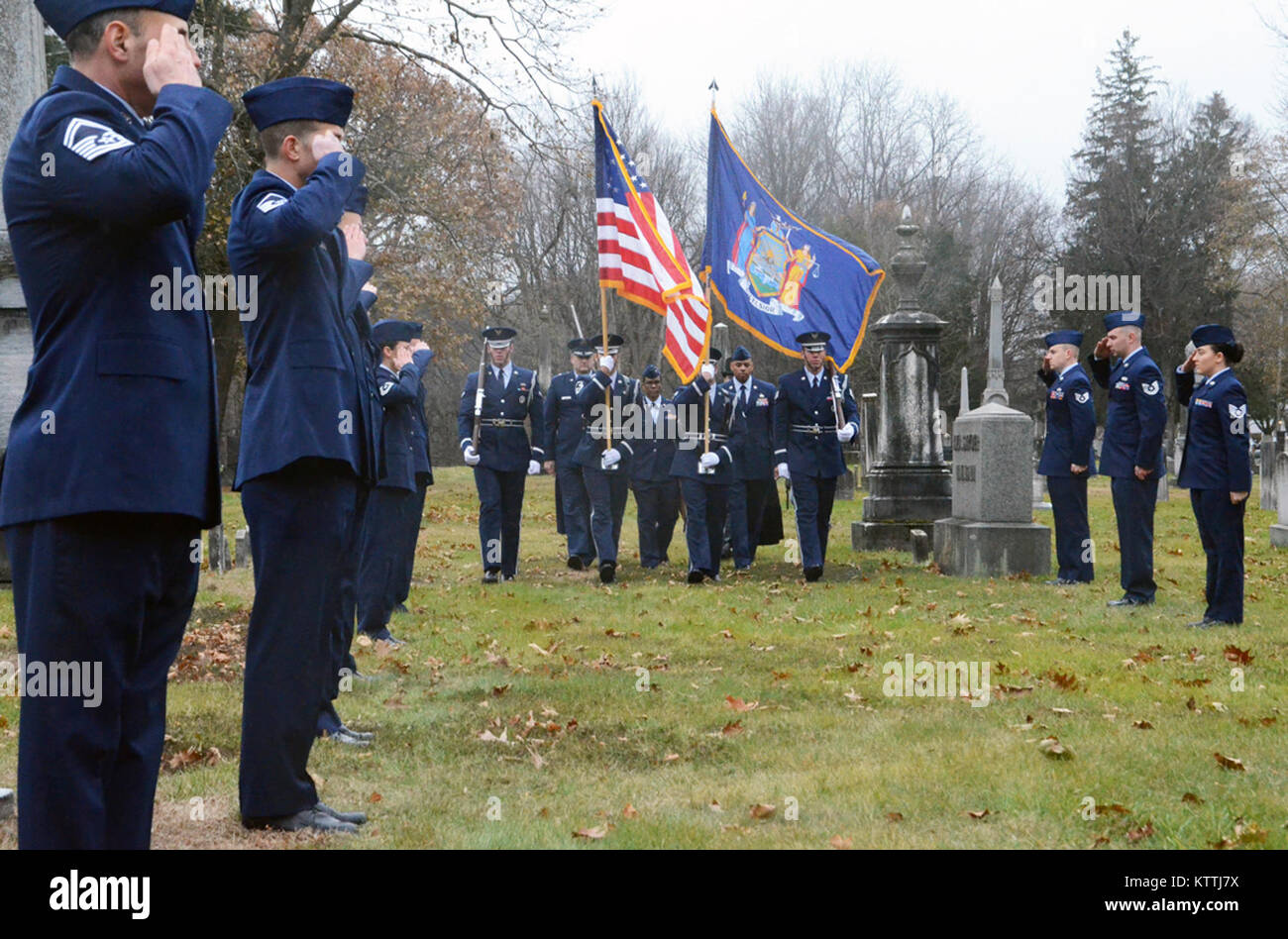 The New York Air National Guard Color Guard marks the 235th birthday of President Martin Van Buren during a wreath laying ceremony at Van Buren's grave site in Kinderhook, New York on Tuesday, December 5th. The annual event recognizes the former President Martin Van Buren, a Columbia County native who died on July 24, 1862 in Kinderhook, N.Y. He was born on December 5, 1782. The United States Military honors former presidents by laying wreaths presented by the current president at their gravesites on the anniversary of their birth. ( New York Air Guard photo by TSgt Stephen Girolami) Stock Photo