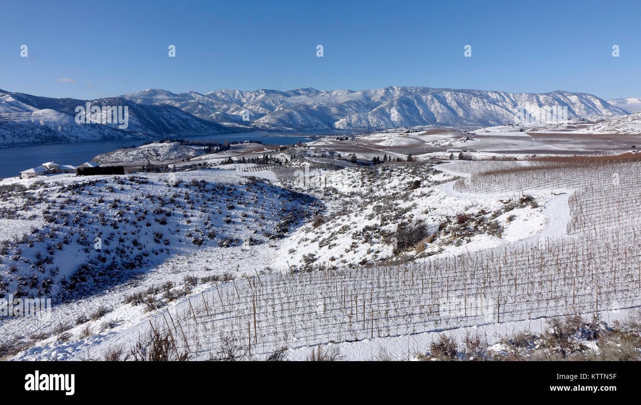 Snow covers the vineyards and orchards on the north shore of Lake Chelan, a 55 mle long lake that stretches into the North Cascade Mountains from the Stock Photo