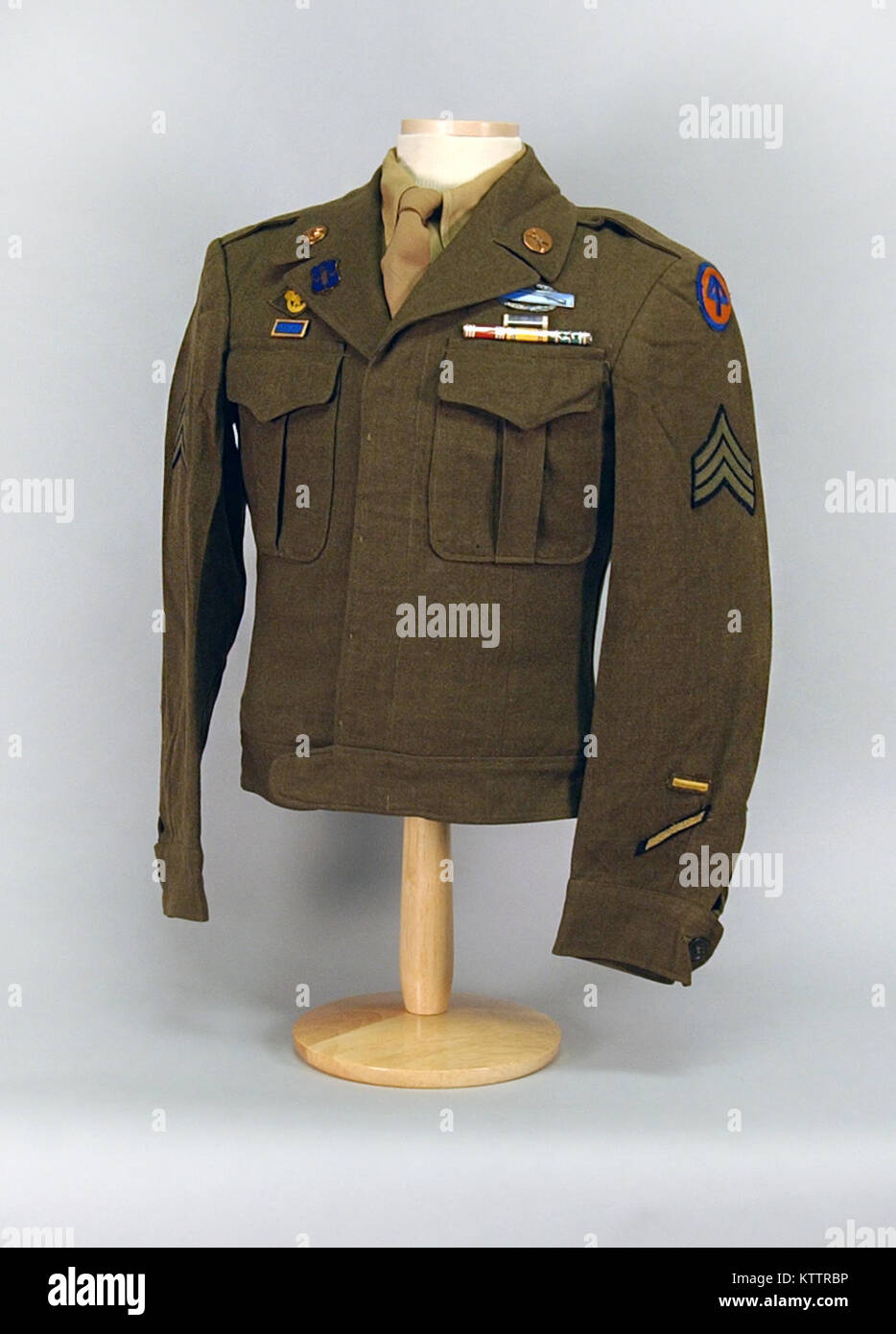 This is an “Ike Jacket” which was worn by Sgt. Ernest A. Bruderhausen, a  New York City resident, during World War II. Bruderhausen was assigned to  the 71st Infantry Regiment, a New