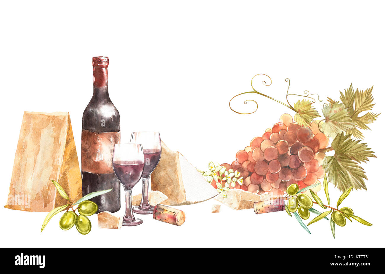 Bottles and glasses of wine and leaves of grapes, isolated on white. Parmesan cheese and olives. Hand drawn watercolor illustration. Banners of wine v Stock Photo