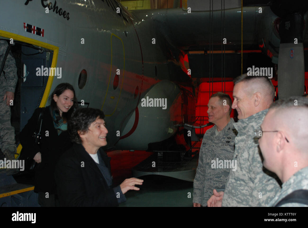 Deputy Secretary for Public Safety, Elizabeth Glazer speaks with Major GEneral Patrick Murphy ,the Adjutant General of New York, following a tour of an LC-130 &quot;Ski Bird&quot; aircraft at Stratton Air National Guard Base in Schenectady on Jan. 31.  The base is home to the 109th Airlift Wing, the Air Force's only LC-130 aircraft with skis. Stock Photo