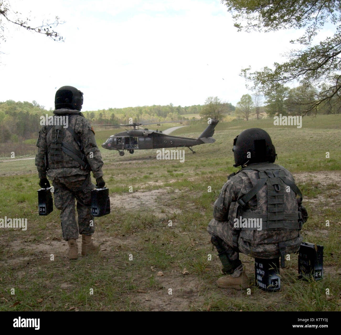 FORT A.P. HILL, Va. -- Aviation Soldiers from 3rd Battalion, 142nd Assault Helicopter Battalion spent the afternoon of Apr. 17 qualifying the units enlisted Soldiers on their annual door gunnery training.   The qualification consists of hitting stationary and moving targets with an M-240 machine gun mounted to the side of a UH-60 Blackhawk. Stock Photo