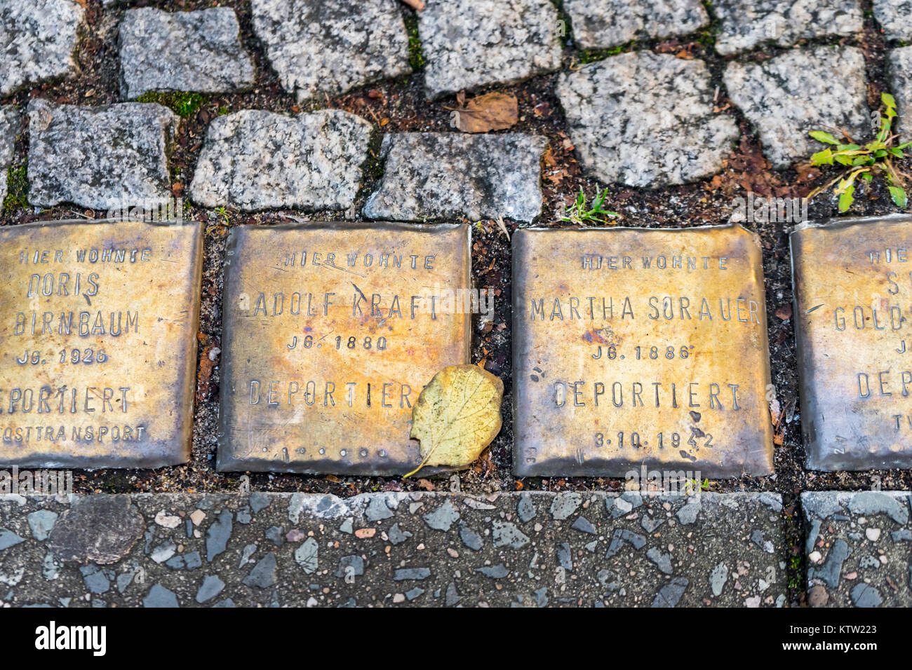 Stolpersteine (memorial stones) in a street in Berlin to commemorate the victims of the Nazi extermination camps - mainly Jews - in Berlin, Germany Stock Photo