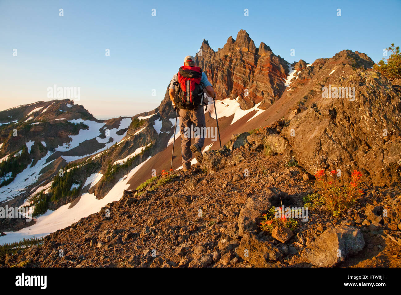 Hiker on the Pacific Crest Trail Near Three Fingered Jack Outside Sisters Oregon Stock Photo