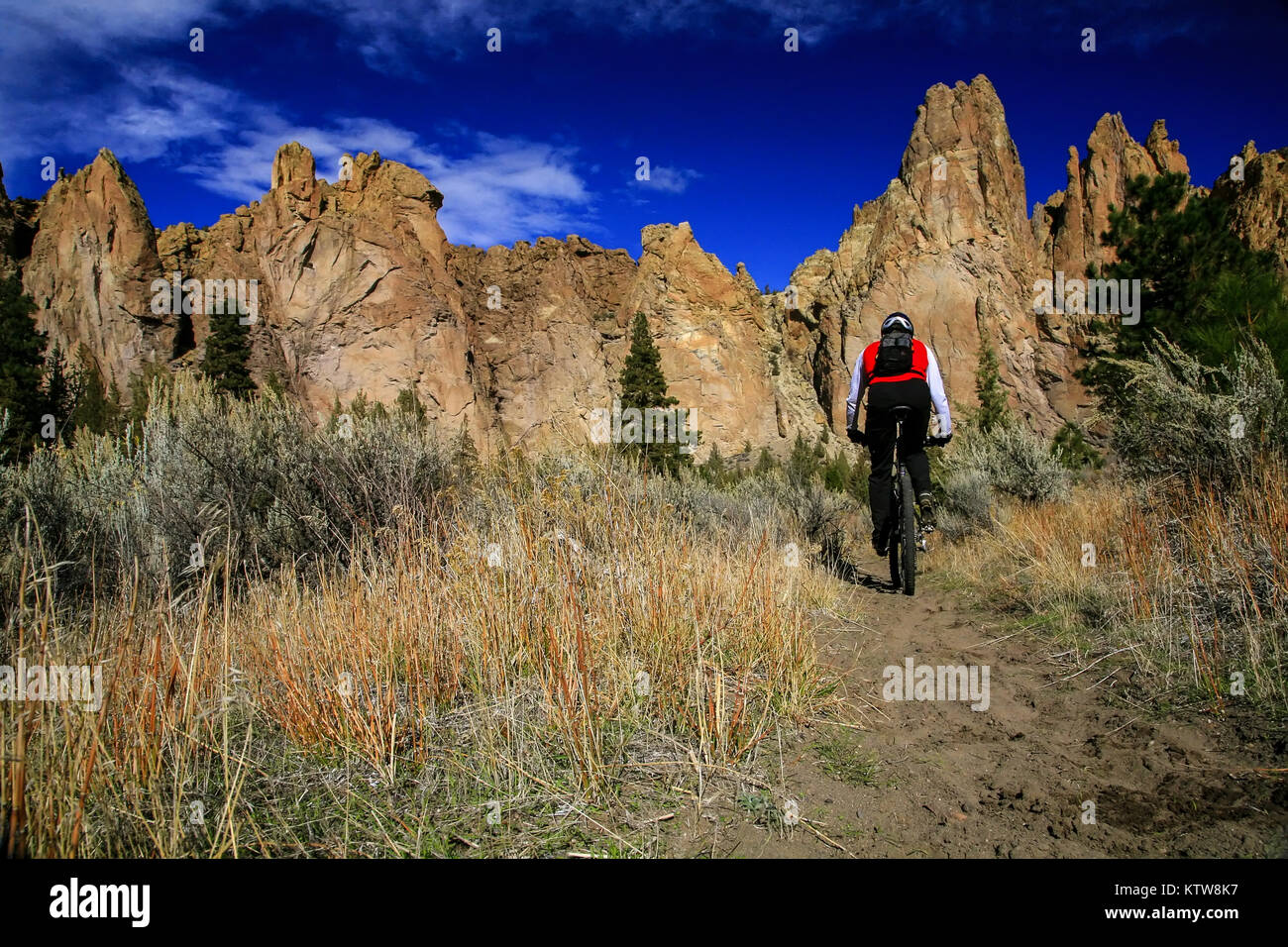 Desert Mountain Biking at Smith Rock Outside Terrebonne Oregon Stock Photo