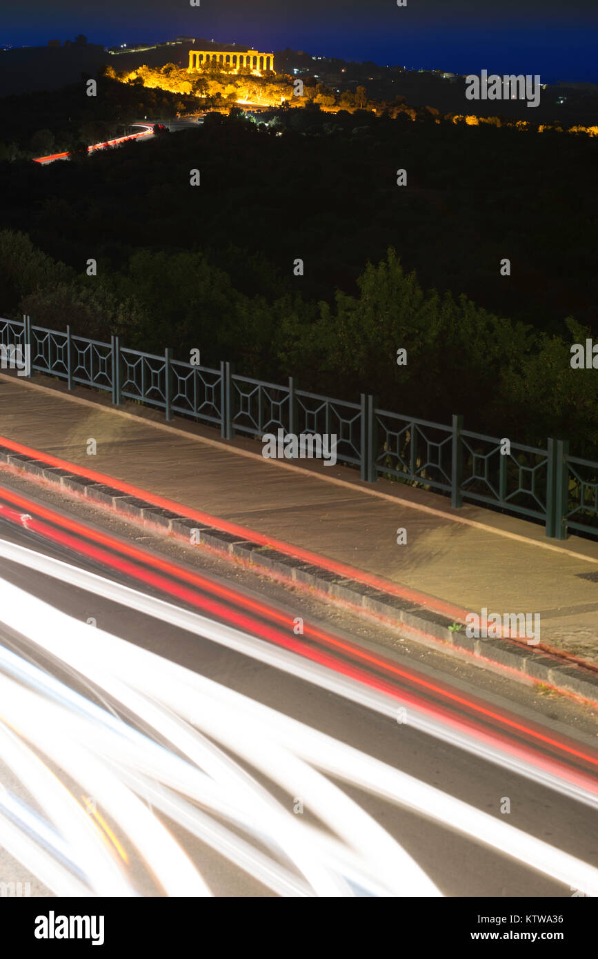 A light trail at Temple Valley, Agrigento, shot at blue hour. The