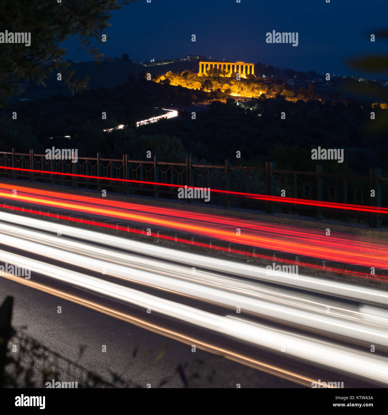 A light trail at Temple Valley, Agrigento, shot at blue hour. The