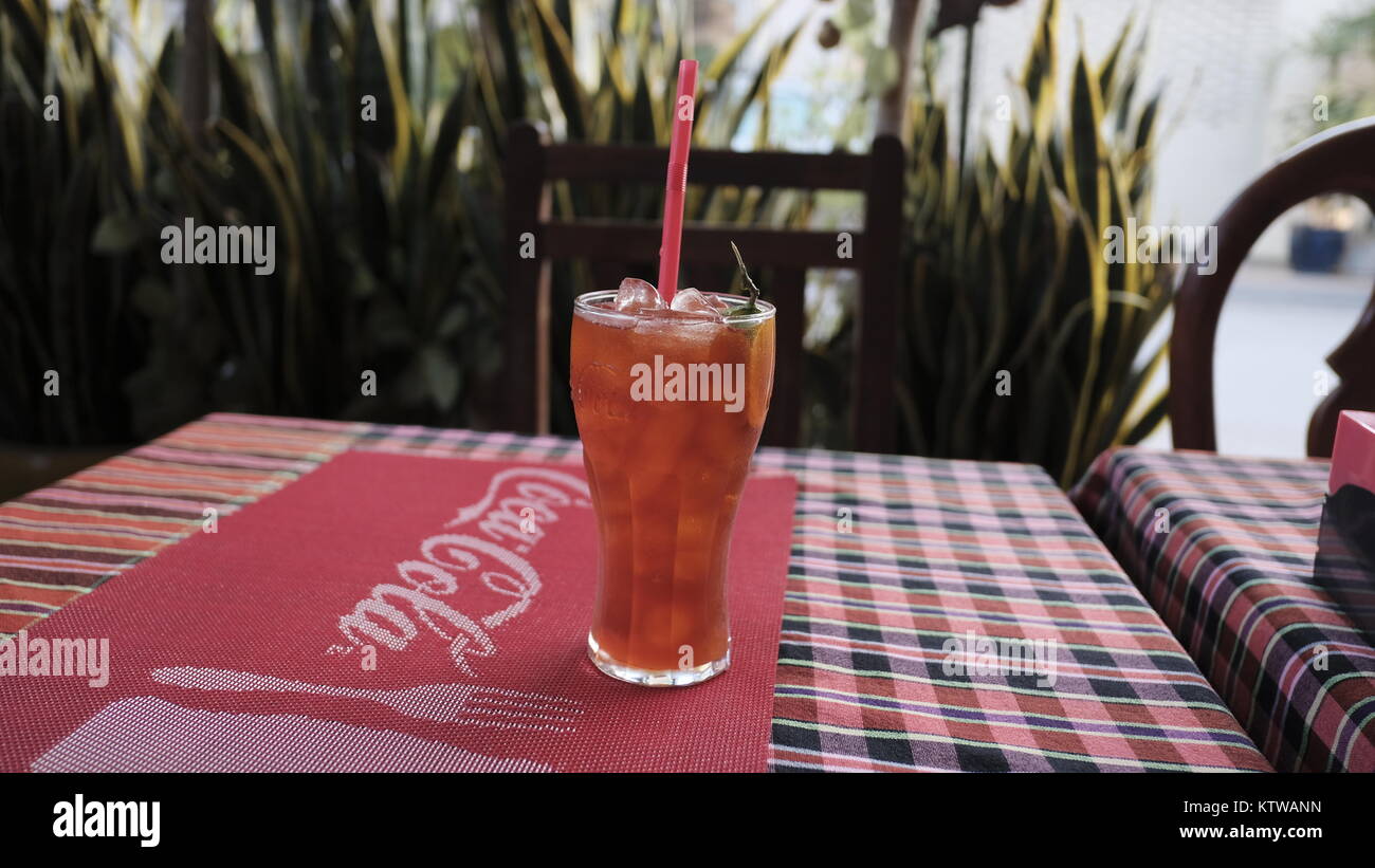 Glass of Lemon Lime IceTea Nary Kitchen Bar Restaurant Khmer Food Cooking School Battambang Cambodia Breakfast Lunch Dinner  Cambodian Cooking Class Stock Photo