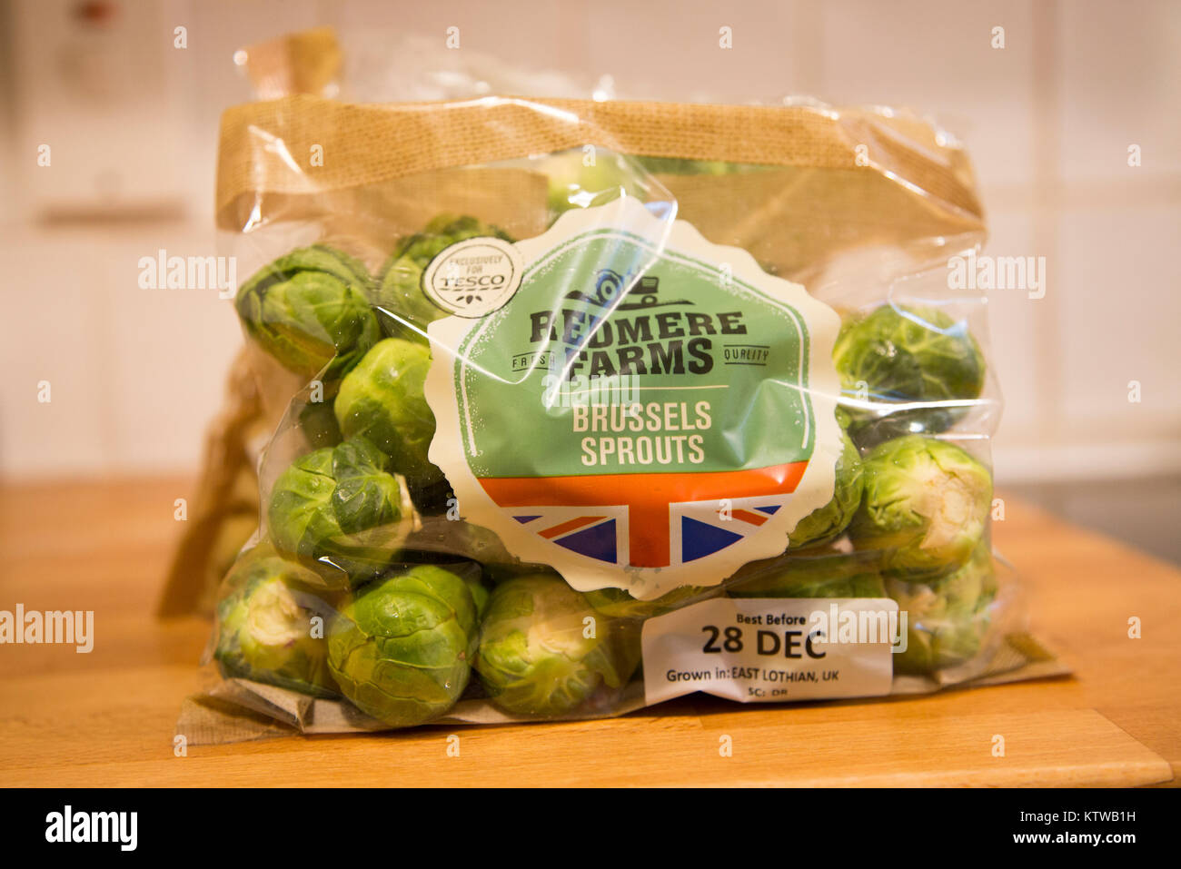 Wrapped pack brussels sprouts Tesco supermarket Redmere farms label, UK Stock Photo