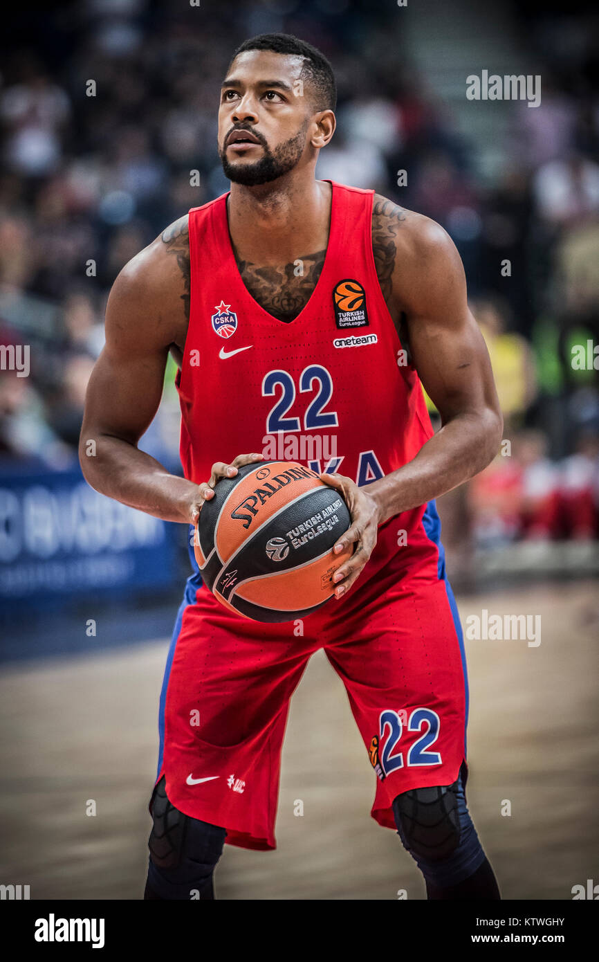 Guard Cory Higgins of CSKA Moscow performs the free throw during the match Stock Photo