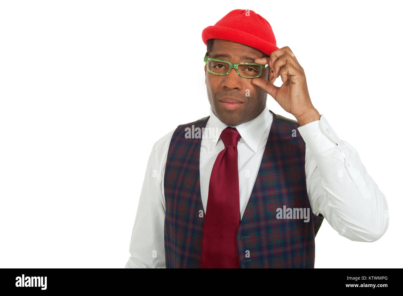 Portrait black man whit red hat and green glasses Stock Photo - Alamy